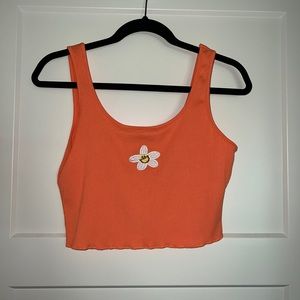 Orange Ribbed Crop Top with Embroidered White Daisy Size L